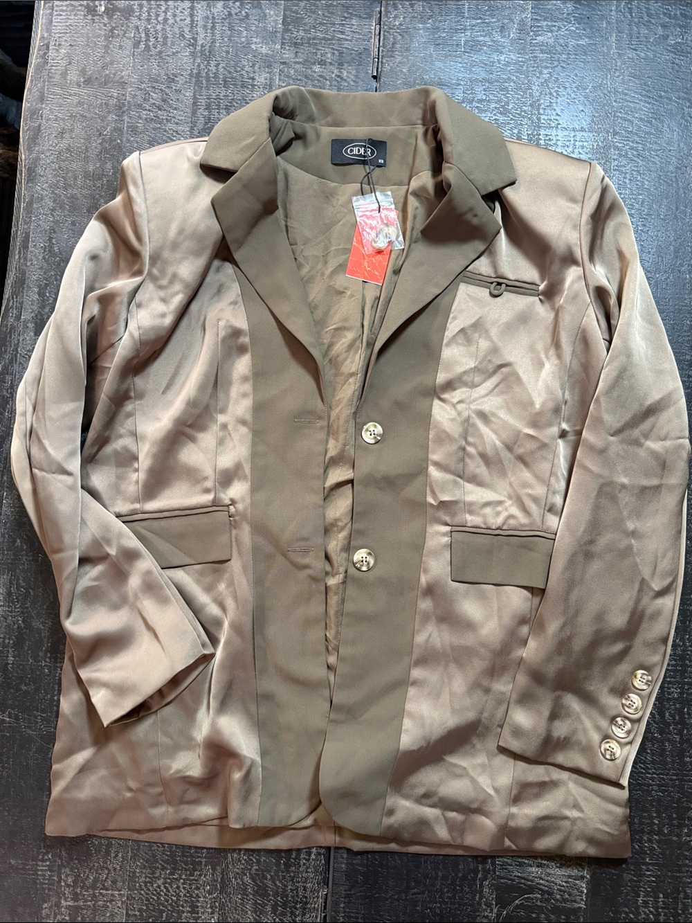 Cider Two-Tone Satin Shirt Jacket in Taupe and Olive FITS OVERSIZED